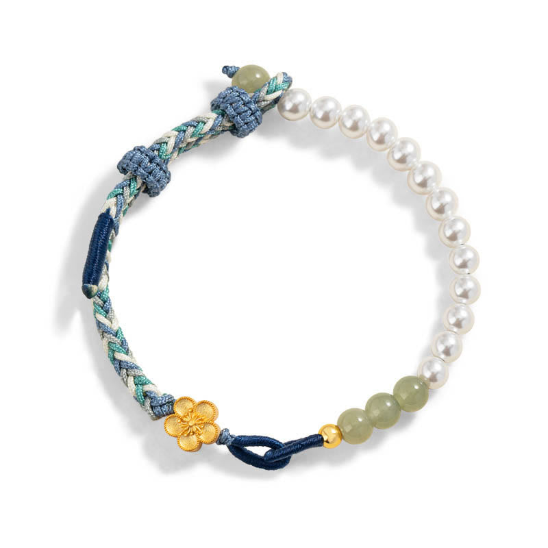 KarmaRipple's 925 Sterling Silver Hetian Jade Peach Blossom Flower Pearl Woven Fortune Bracelet p3