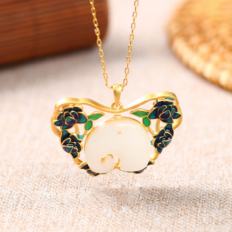 KarmaRipple's Ivory Jade Elephant Butterfly Lotus Success Pendant Chain Necklace p2