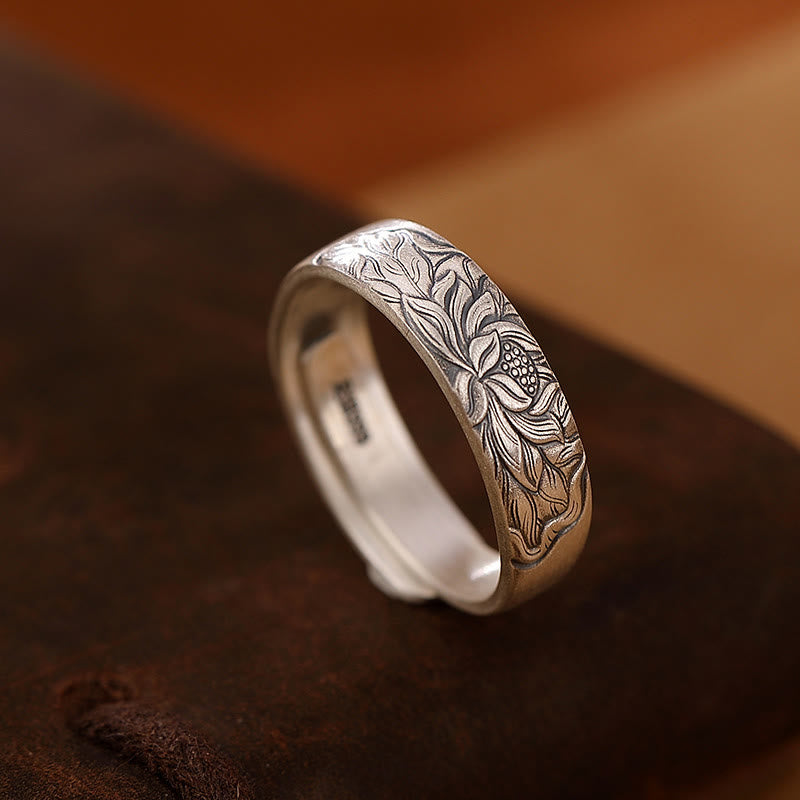 KarmaRipple's 999 Sterling Silver Lotus Flower Plum Blossom Auspicious Clouds Engraved Enlightenment Ring p15