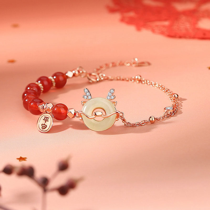 KarmaRipple's 925 Sterling Silver Year of the Dragon Authentic Red Agate Hetian Jade Peace Buckle Fortune Success Bracelet ( p1