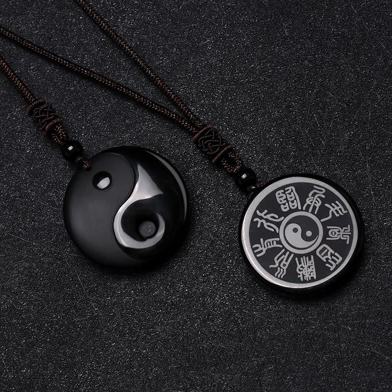 KarmaRipple's Black Obsidian Taoism Five Sacred Mountains Nine-Character Mantra Carved Purification Yin Yang Pendant Necklace p3