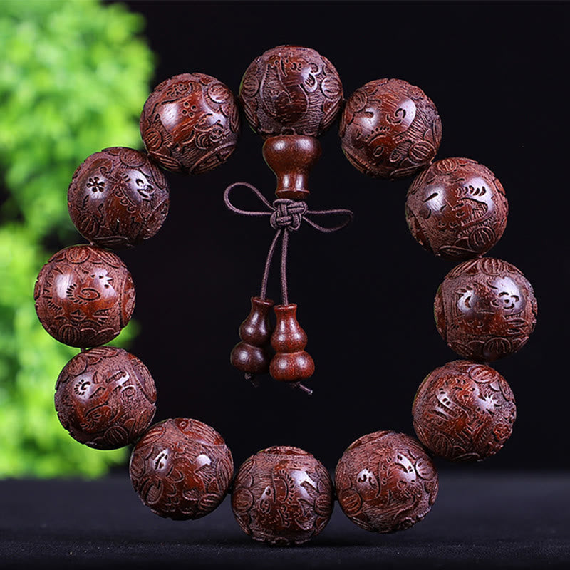 KarmaRipple's Chinese Zodiac Rosewood Ebony Boxwood Bronze Coin PiXiu Carved Warmth Bracelet p18