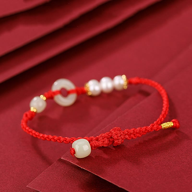 KarmaRipple's 925 Sterling Silver Plated Gold Hetian Jade Peace Buckle Pearl Fortune Bracelet p4