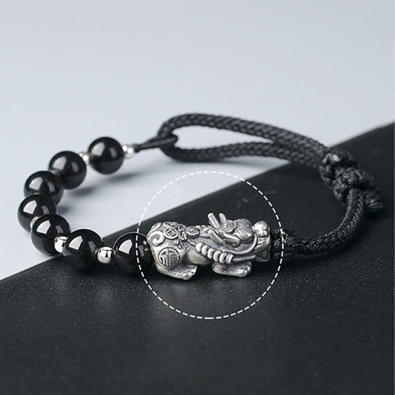 KarmaRipple's 999 Sterling Silver FengShui PiXiu Authentic Black Obsidian 925 Sterling Silver Bead Strength Bracelet p5