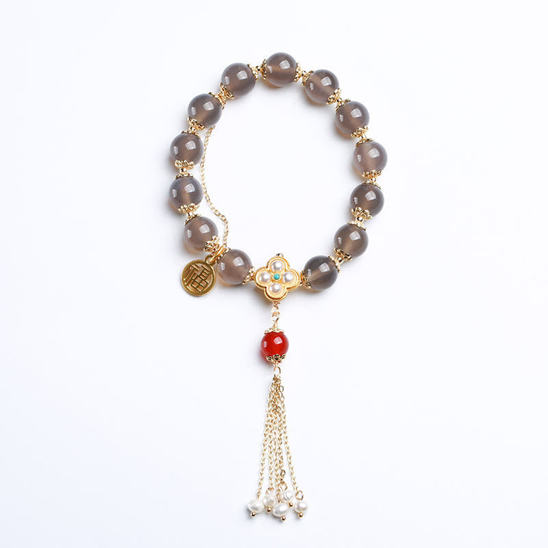 KarmaRipple's Authentic Gray Agate Fu Character Pearl Tassel Balance Bracelet p16