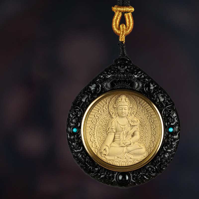 KarmaRipple's Chinese Zodiac Avalokitesvara Small Leaf Red Sandalwood Ebony Longevity Pendant Necklace p43