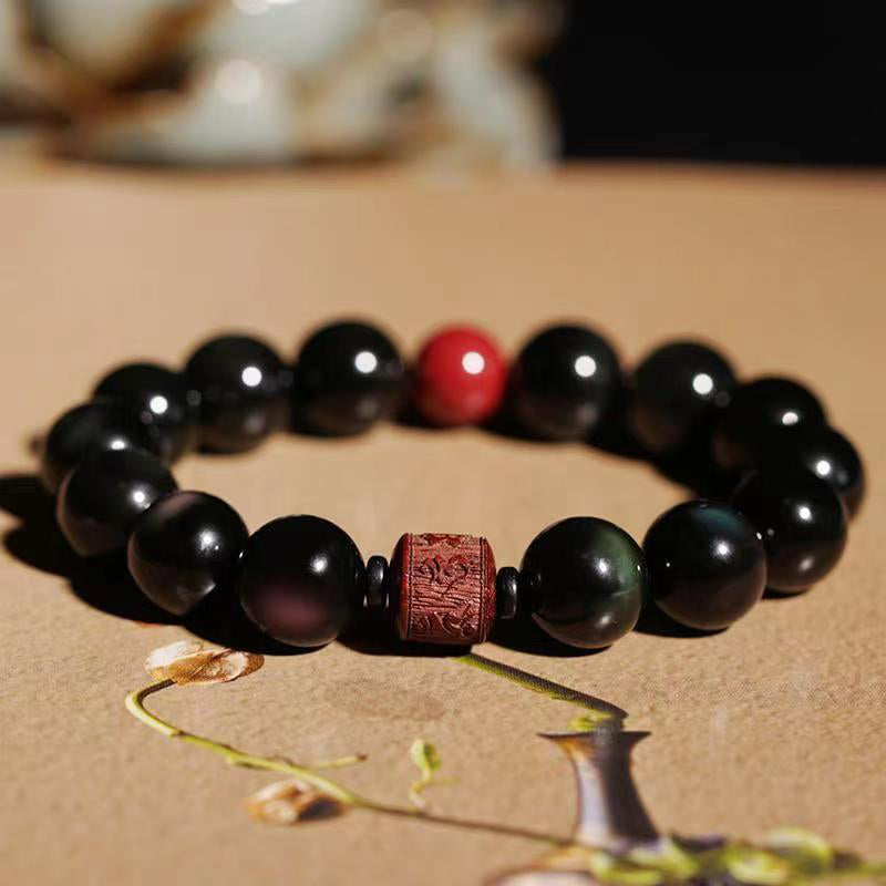 KarmaRipple's Authentic Gold Sheen Obsidian Rainbow Obsidian Om Mani Padme Hum Fu Character Balancing Bracelet p10
