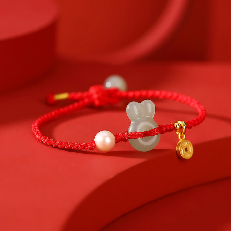 KarmaRipple's 925 Sterling Silver Year of the Rabbit Hetian Jade Bronze Coin Wealth Red String Bracelet p5