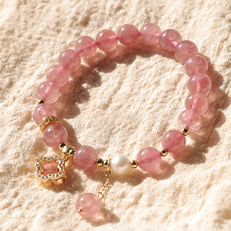 KarmaRipple's Strawberry Quartz Pearl Four Leaf Clover Talisman Balancing Bracelet p10