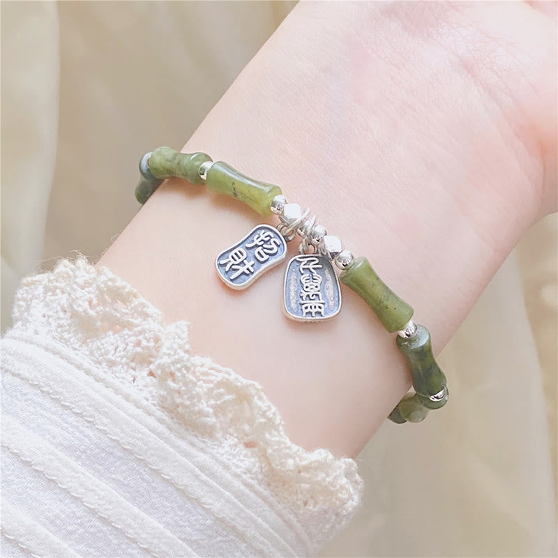 KarmaRipple's 925 Sterling Silver Bamboo Jade Fortunate Cat Fu Character Fortune Abundance Bracelet p6