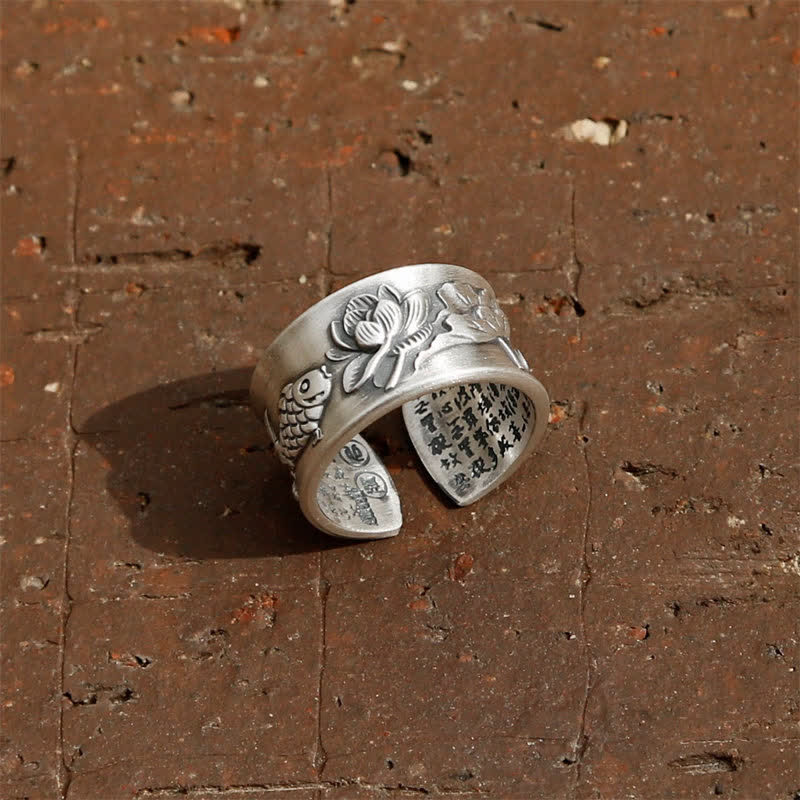 KarmaRipple's 999 Sterling Silver Fortune Koi Fish Lotus Heart Sutra Wealth Ring p10