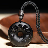 KarmaRipple's Chinese Zodiac Authentic Black Obsidian Peace Buckle Strength Pendant Necklace