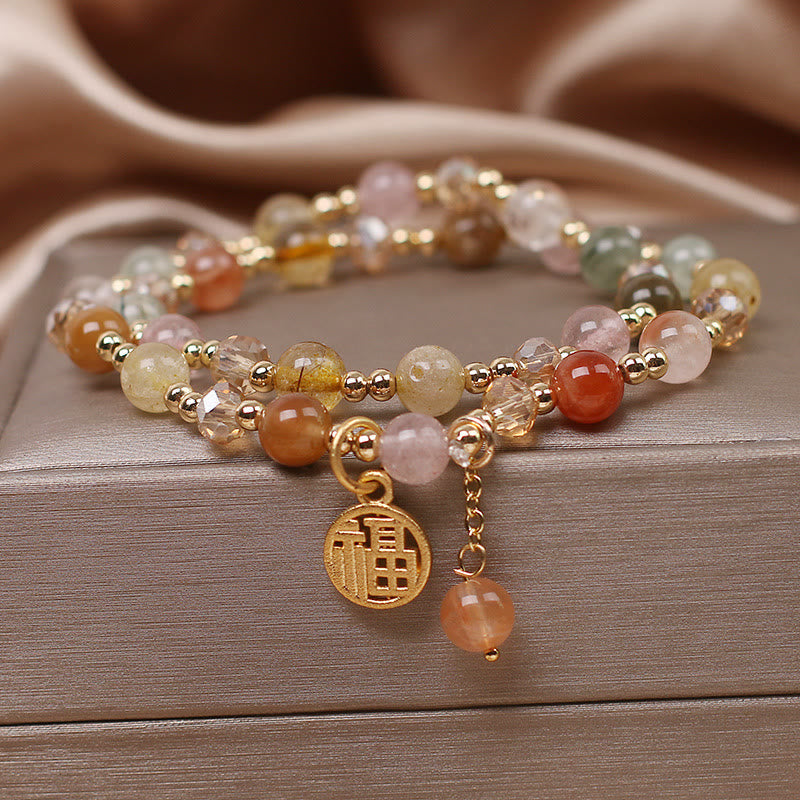 KarmaRipple's Multicolored Rutilated Quartz Fu Character Auspiciousness Bracelet p1