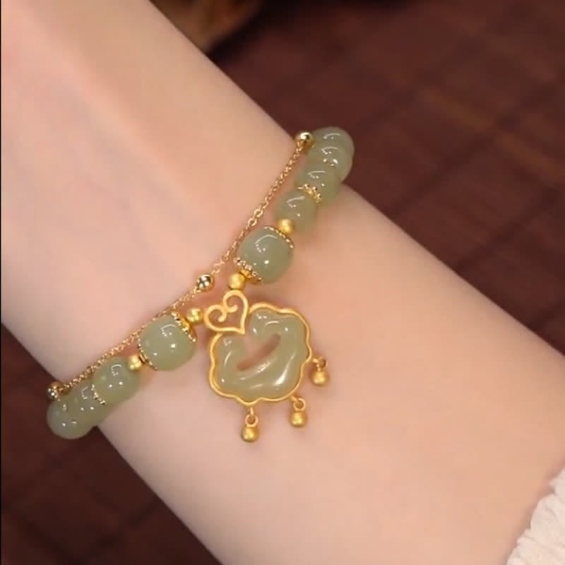 KarmaRipple's 14K Gold Plated Authentic Hetian Jade Wish Lock Bell Chain Bracelet p3