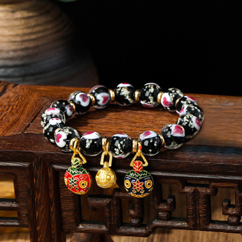 KarmaRipple's Gold Swallowing Beast Family Pink Love Heart Luminous Fluorescent Liuli Glass Bead Bracelet p7
