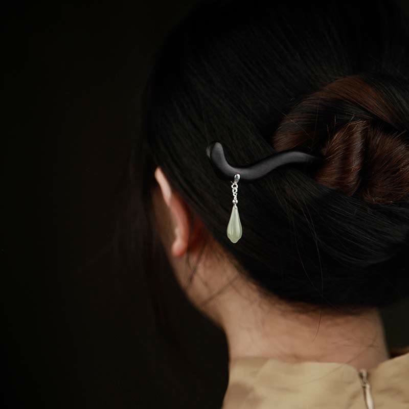 KarmaRipple's 925 Sterling Silver Authentic Hetian Jade Ebony Wood Fortune Talisman Hairpin p4