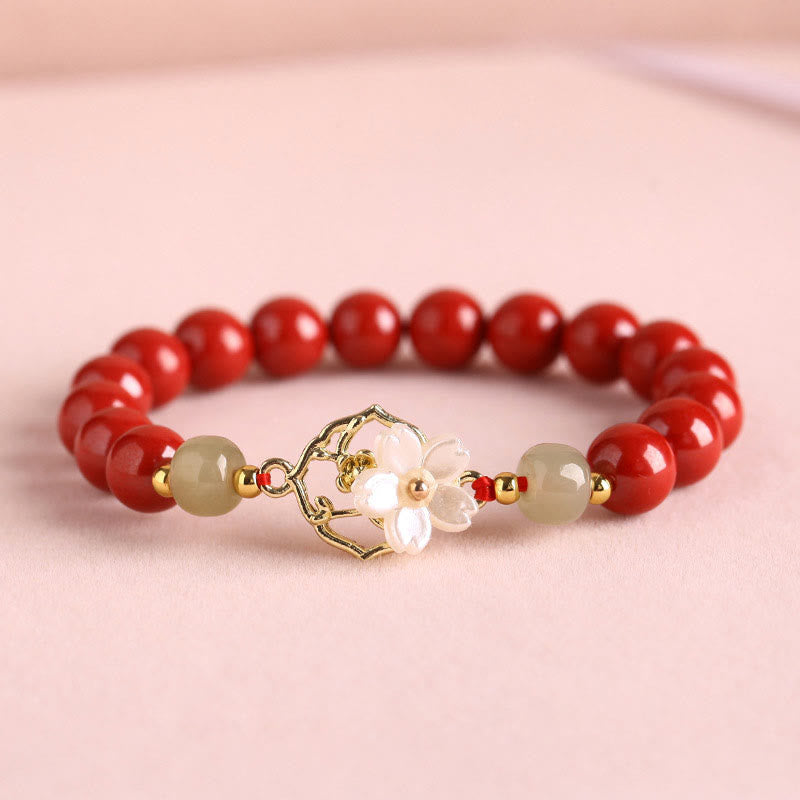 KarmaRipple's Authentic Cinnabar Jade Beaded Tridacna Stone Flower Blessing Bracelet p22