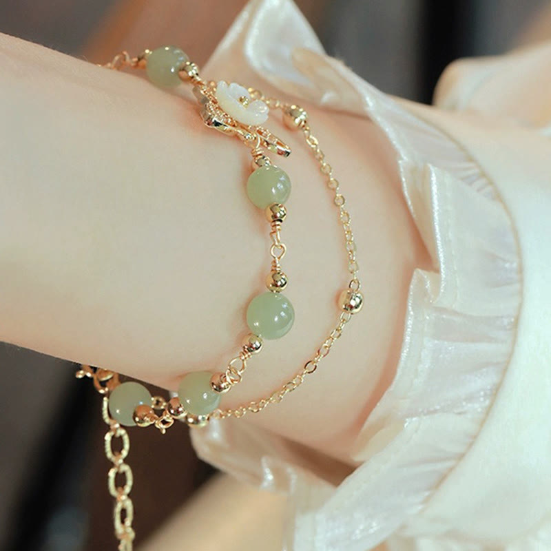 KarmaRipple's 14K Gold Plated Jade Butterfly Tridacna Stone Flower Double Layer Fortune Bracelet p8