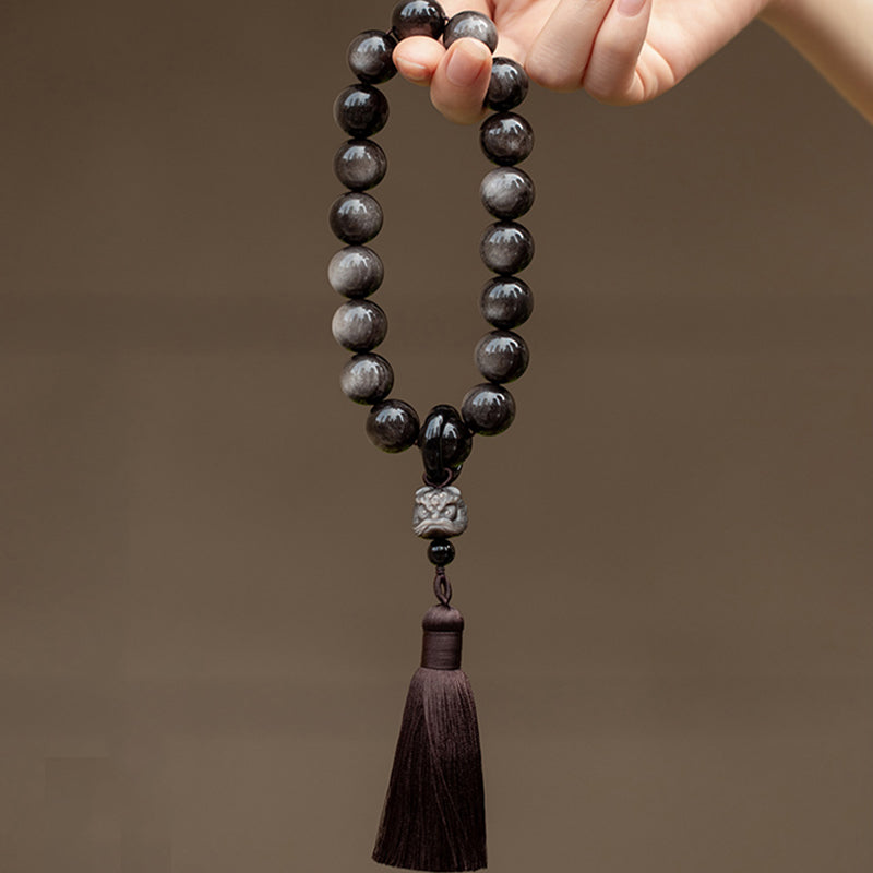 KarmaRipple's Authentic Silver Sheen Obsidian Black Obsidian Lion Wrist Mala Protection Tassels Pocket Mala Car Decoration p10