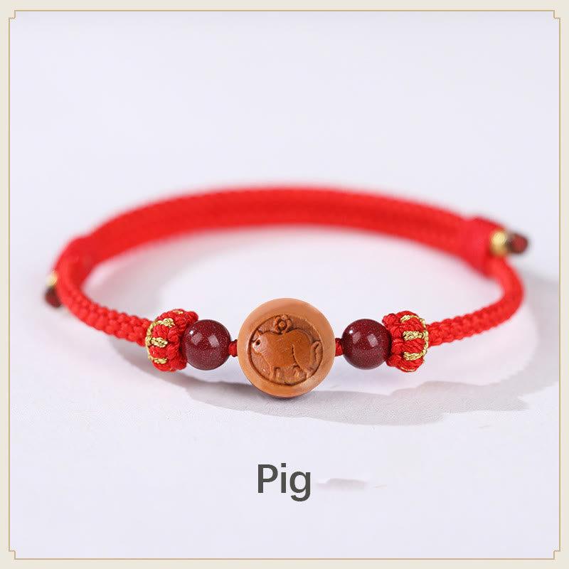 KarmaRipple's Authentic Peach Wood Chinese Zodiac Fu Character Carved Cinnabar Wealth Bracelet p10