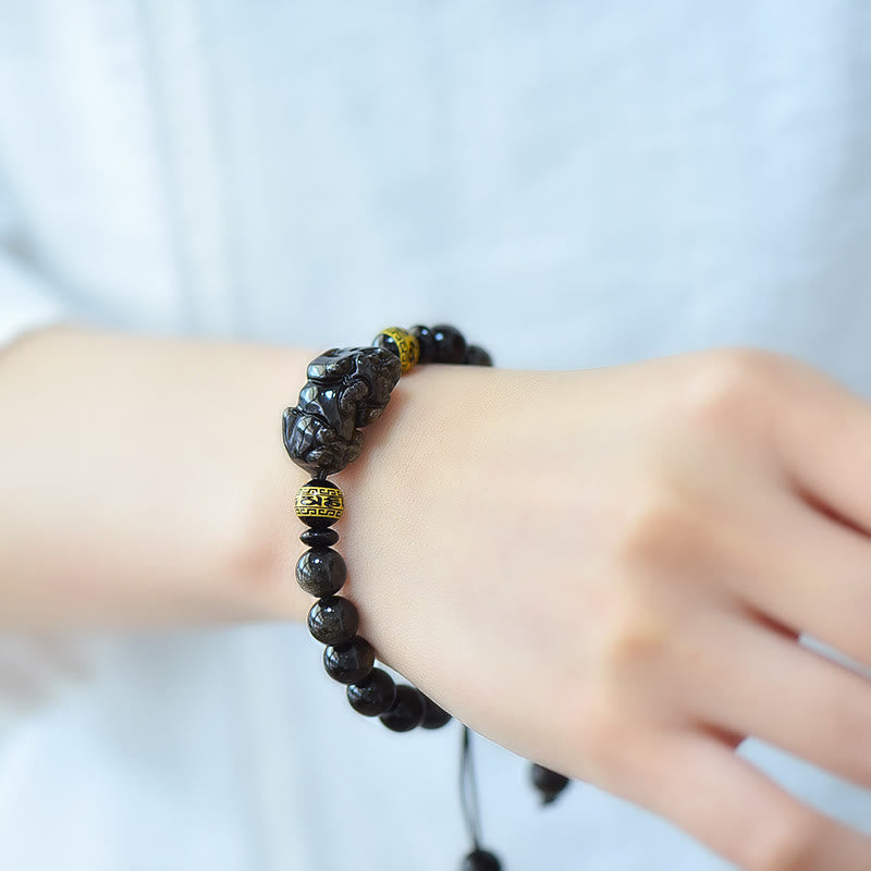 KarmaRipple's Authentic Gold Sheen Obsidian PiXiu Om Mani Padme Hum Wealth Woven Bracelet p11