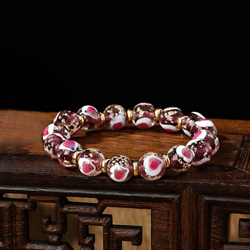 KarmaRipple's Gold Swallowing Beast Family Pink Love Heart Luminous Fluorescent Liuli Glass Bead Bracelet p36