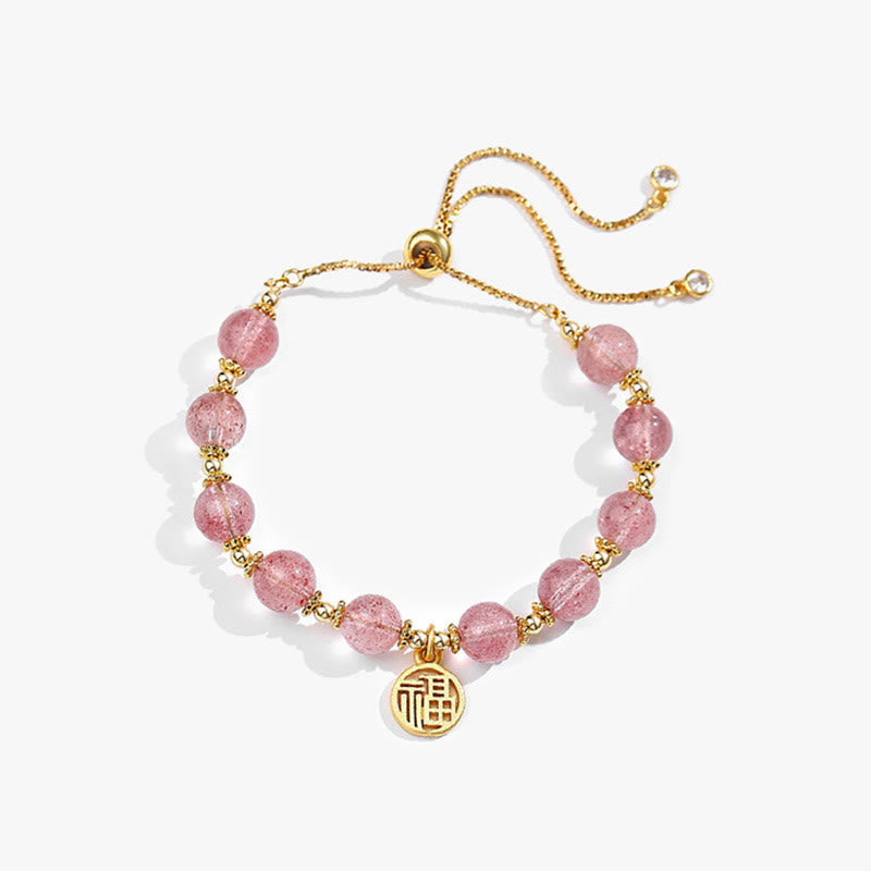KarmaRipple's 14K Gold Plated Authentic Strawberry Quartz Fu Character Positive Talisman Bracelet p2