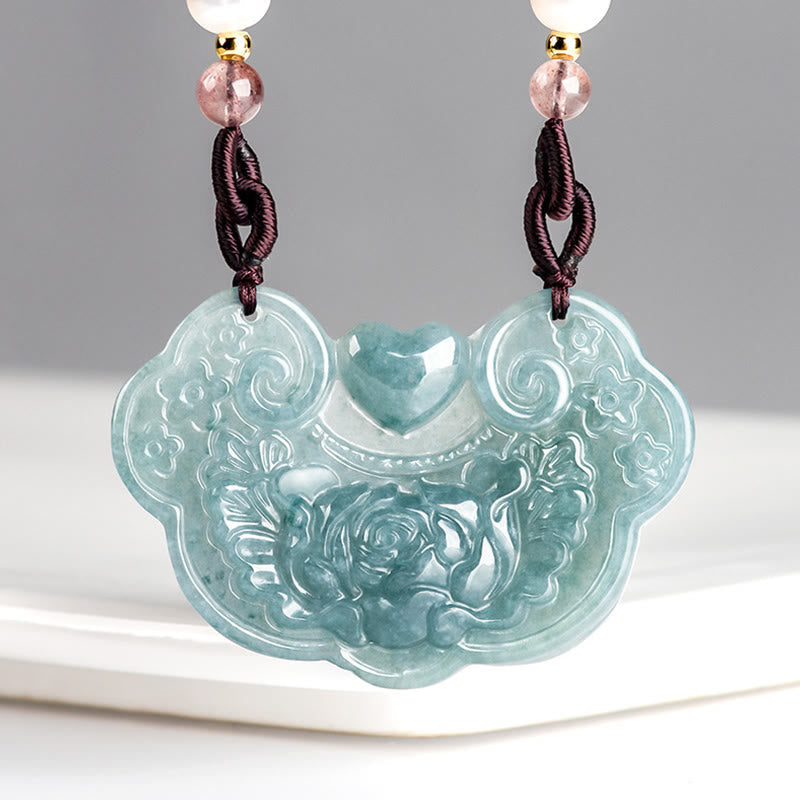 KarmaRipple's Authentic Jade Peony Flower Lock of Good Wishes Prosperity Pendant Necklace p1