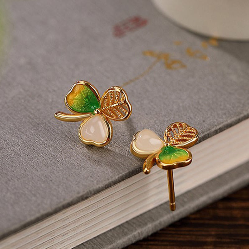 KarmaRipple's 925 Sterling Silver Plated Gold Hetian Jade Fortune Shamrock Clover Pendant Necklace Earrings p7