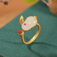 KarmaRipple's 925 Sterling Silver Year of the Rabbit Hetian Jade Fortune Ring Earrings Pendant Necklace
