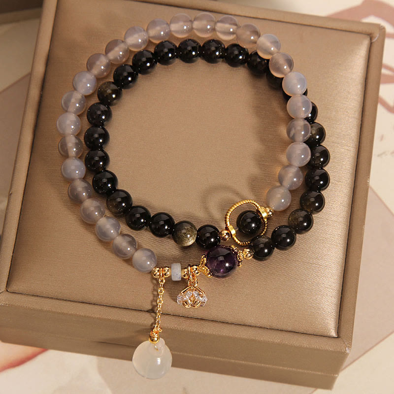 KarmaRipple's Gold Sheen Obsidian Gray Agate Lotus Talisman Strengthen Double Wrap Bracelet p2