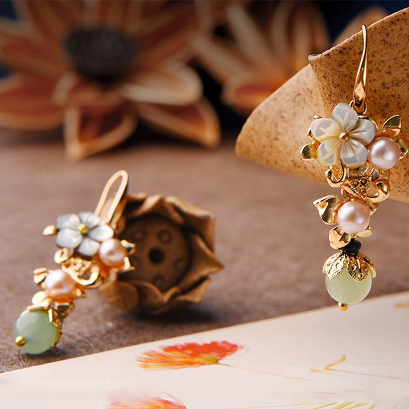 KarmaRipple's 14K Gold Plated Tridacna Stone Flower Pearl Green Aventurine Bead Drop Earrings p5
