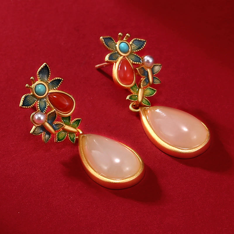 KarmaRipple's Water Drop Ivory Jade Red Agate Butterfly Protection Drop Dangle Earrings p6
