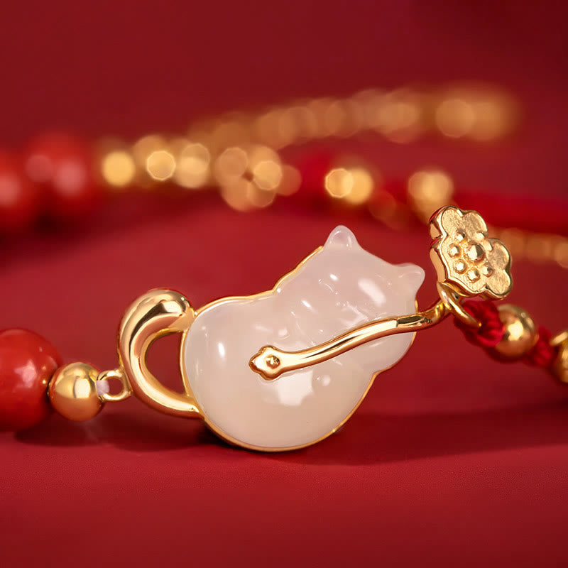 KarmaRipple's 925 Sterling Silver Plated 18K Gold Hetian Jade Ruyi Cat Cinnabar Fortune Bracelet Pendant Necklace Set p10