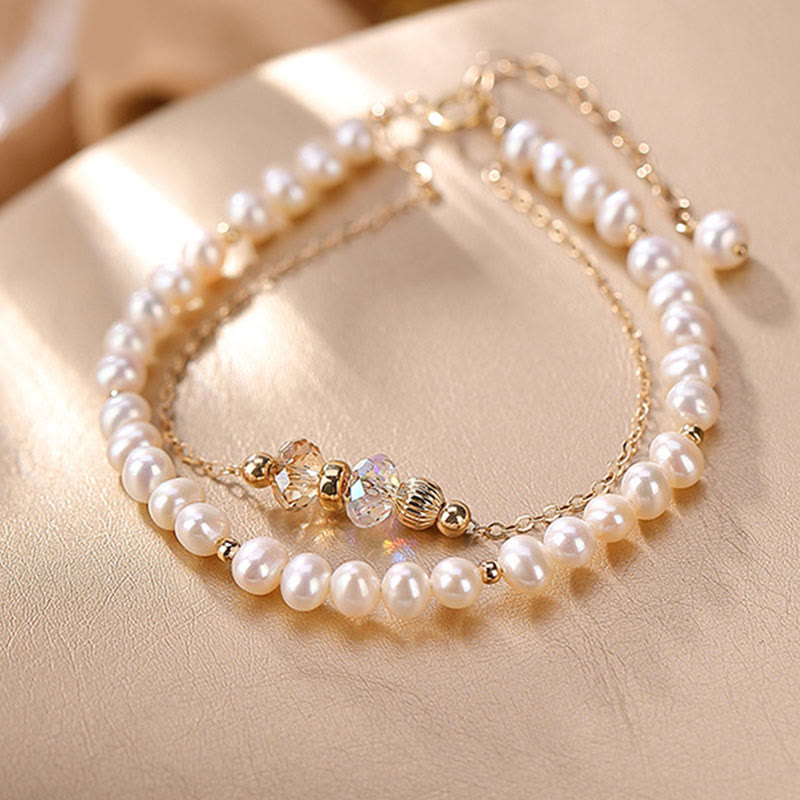 KarmaRipple's 925 Sterling Silver 14K Gold Plated Authentic Pearl Gemstone Balancing Double Layer Bracelet p8