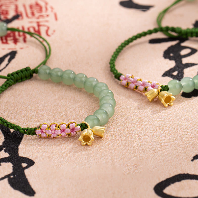 KarmaRipple's Handmade Jade Bead Lily of the Valley Talisman Fortune Woven Bracelet p1