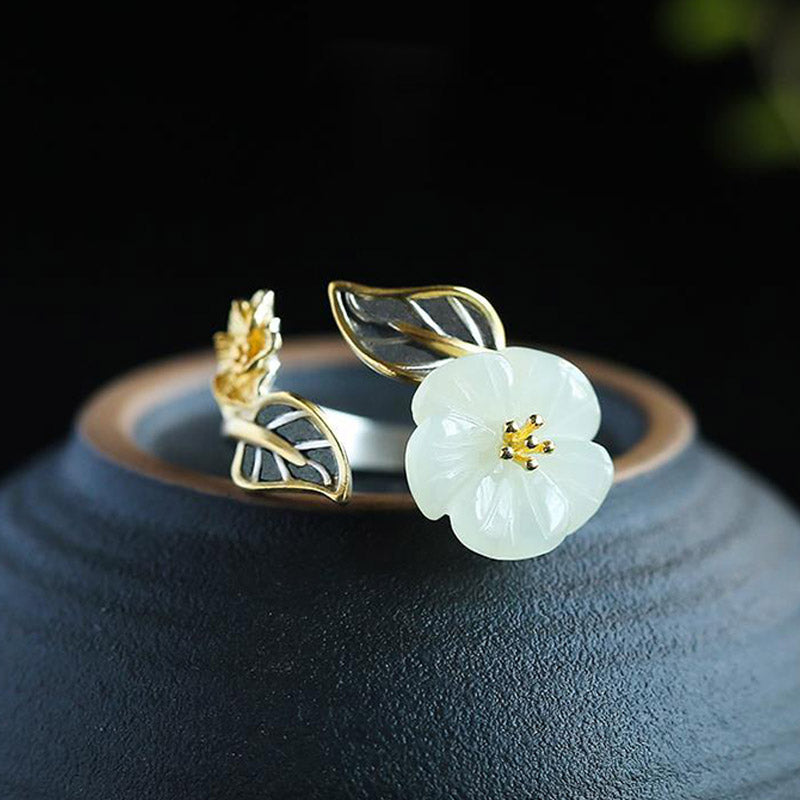 KarmaRipple's 925 Silver Plated Bronze Ivory Jade Plum Flower Leaf Fortune Ring p6