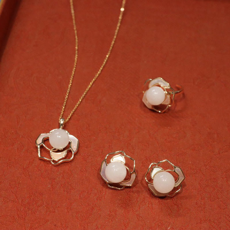 KarmaRipple's 925 Sterling Silver Plated Gold Posts Hetian Ivory Jade Tridacna Stone Camellia Flower Fortune Pendant Necklace Ring Earrings p1