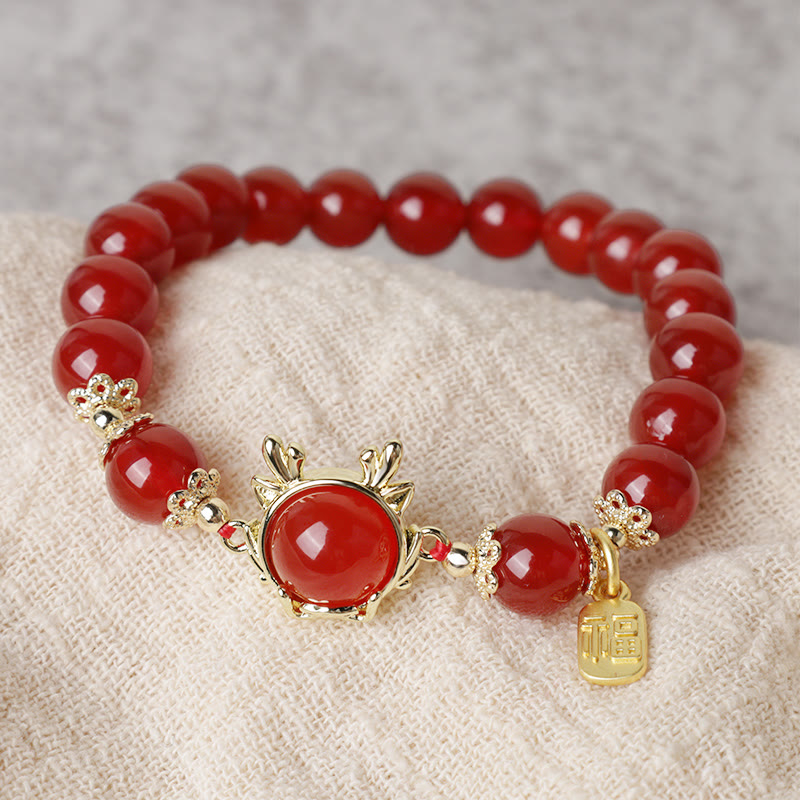 KarmaRipple's Year of the Dragon Red Agate Jade Peace Buckle Fu Character Success Bracelet ( p9