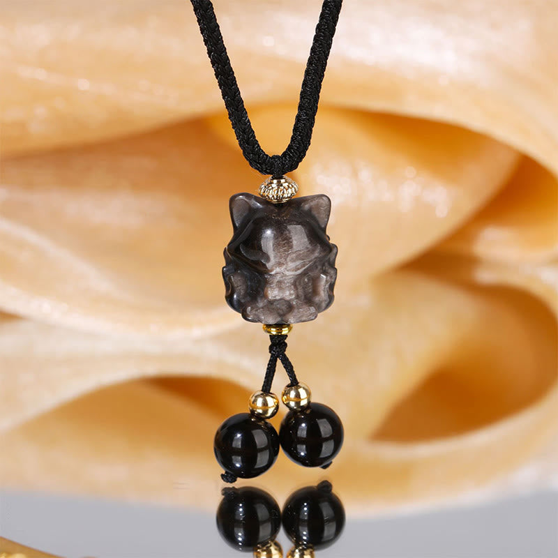 KarmaRipple's Authentic Silver Sheen Obsidian Nine Tailed Fox Protection Pendant Necklace p1