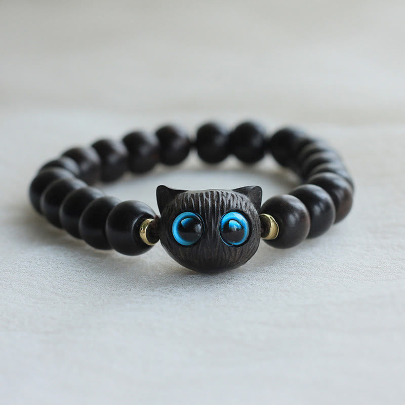KarmaRipple's Ebony Wood Green Sandalwood Cute Cat Peace Bracelet p1