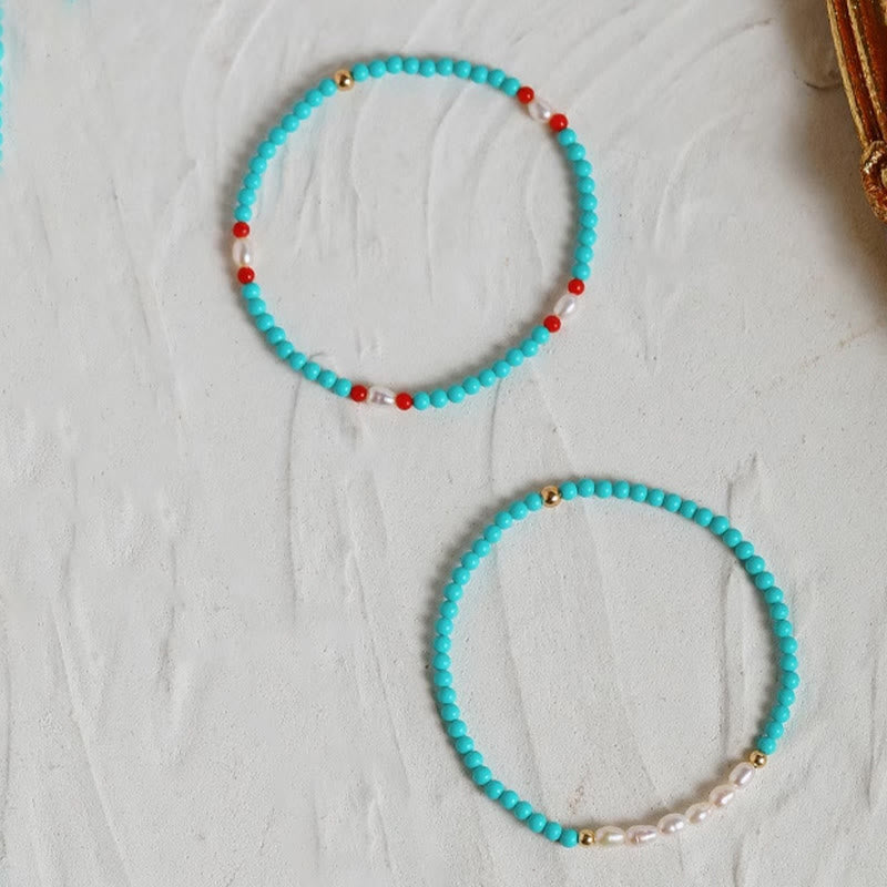 KarmaRipple's Turquoise Red Agate Pearl Small Beaded Protection Bracelet p18