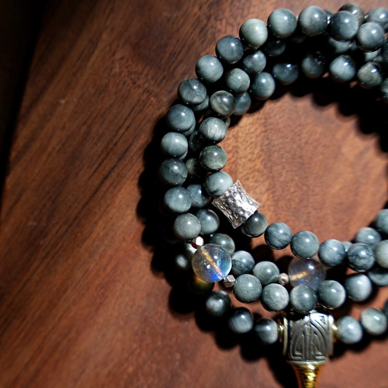 KarmaRipple's 925 Sterling Silver 108 Mala Beadwork Eagle's Eye Stone Moonstone'sitive Bracelet p6