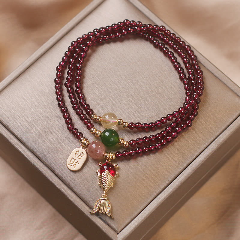 KarmaRipple's Authentic Garnet Strawberry Quartz Gemstone Fox Koi Fish Peace Buckle Fortune Protection Triple Wrap Bracelet p8