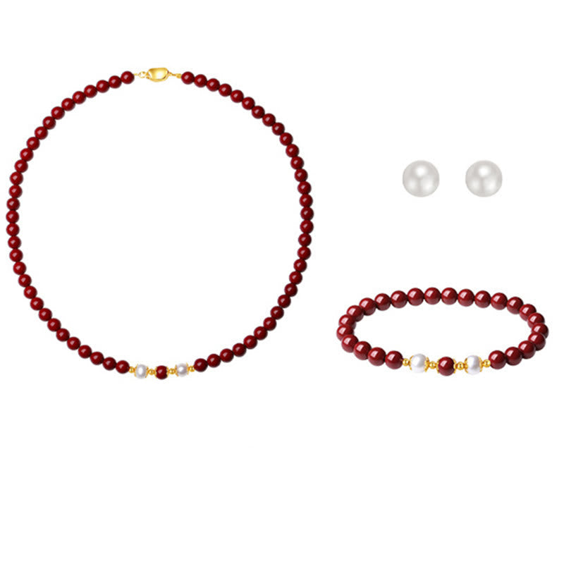 KarmaRipple's 925 Sterling Silver Authentic Cinnabar Pearl Blessing Pendant Necklace Bracelet Earrings Jewelry Set p10