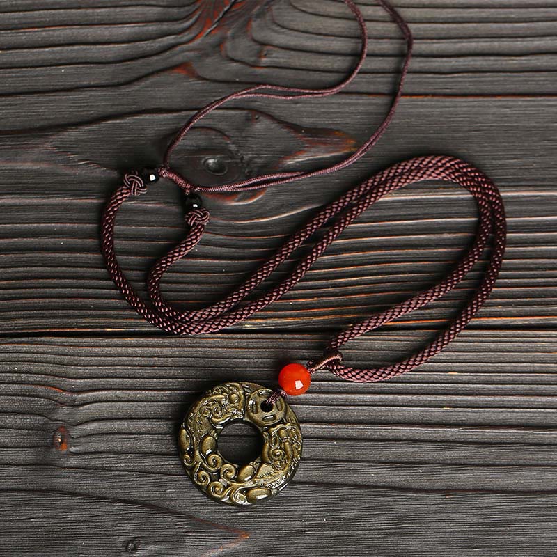 KarmaRipple's Gold Sheen Obsidian Peace Buckle Pixiu Bronze Coin Wealth Pendant Necklace p4