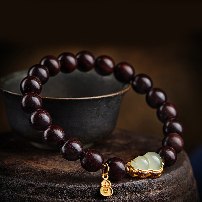 KarmaRipple's Small Leaf Red Sandalwood Gourd Jade Calm Relaxation Bracelet p3