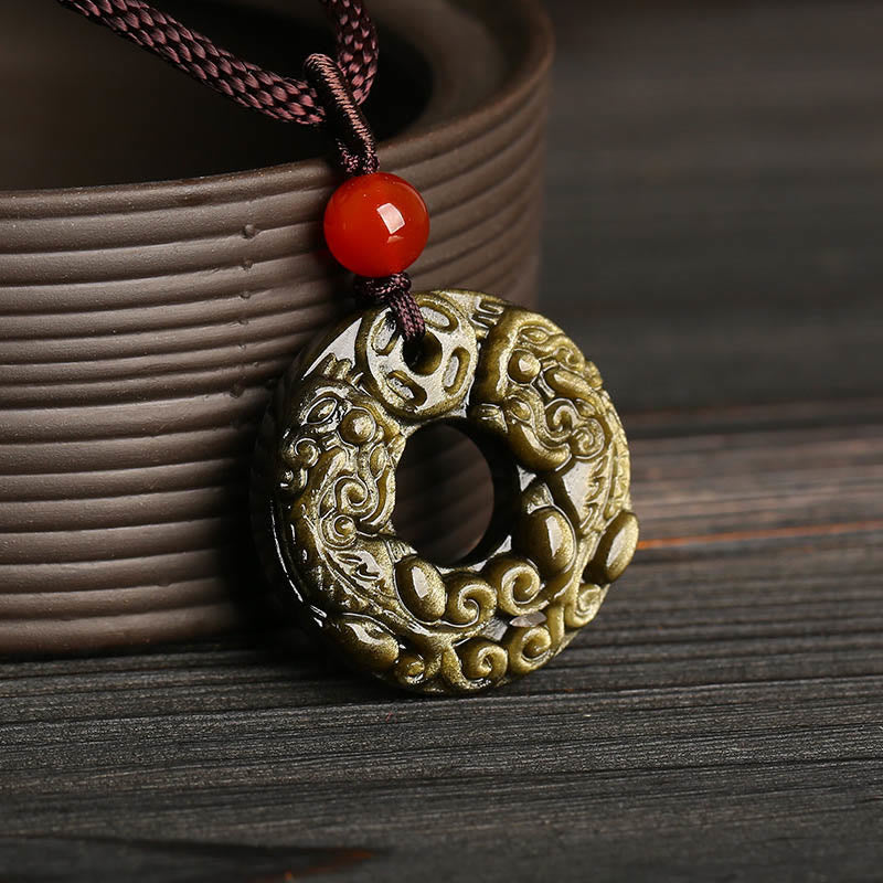 KarmaRipple's Gold Sheen Obsidian Peace Buckle Pixiu Bronze Coin Wealth Pendant Necklace p2