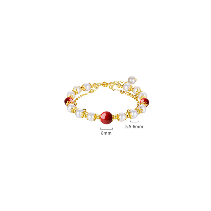 KarmaRipple's 925 Sterling Silver Pearl Cinnabar Wisdom Bead Double Layer Chain Bracelet p9