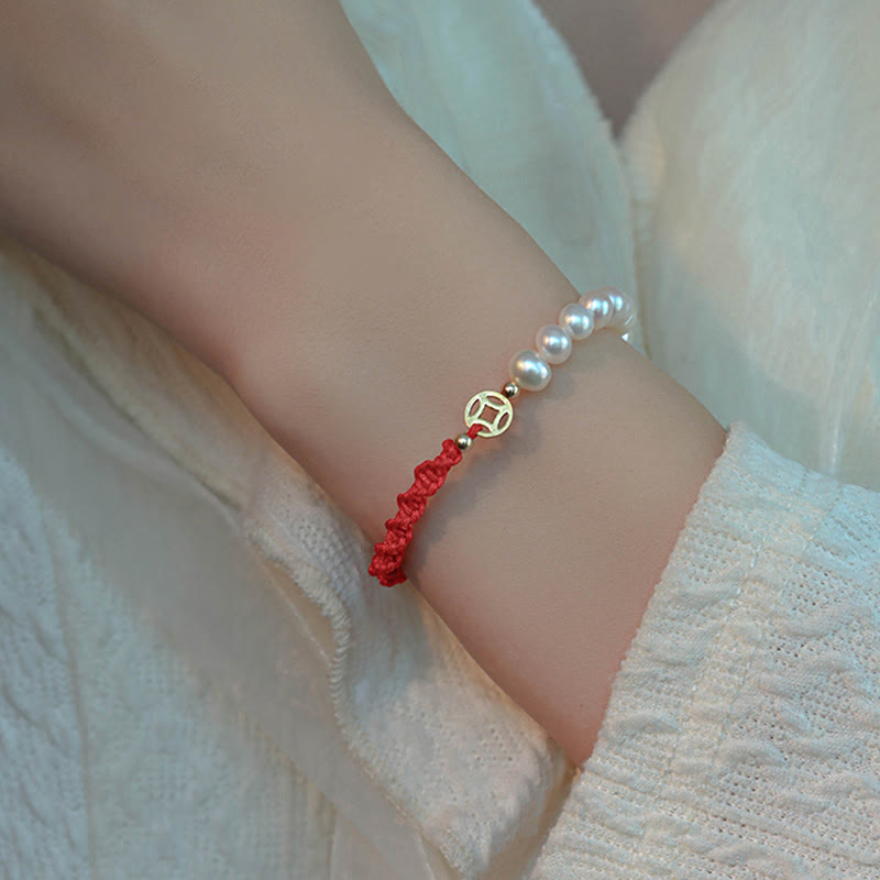 KarmaRipple's 14K Gold Plated Pearl Bead Fortune Protection Braid Red String Bracelet p12